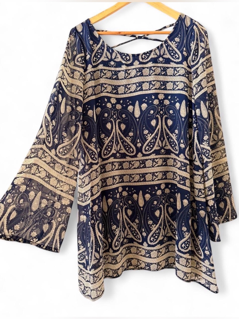 Blu Pepper Navy and Cream Paisley Midi Dress with Cross-Back Detail